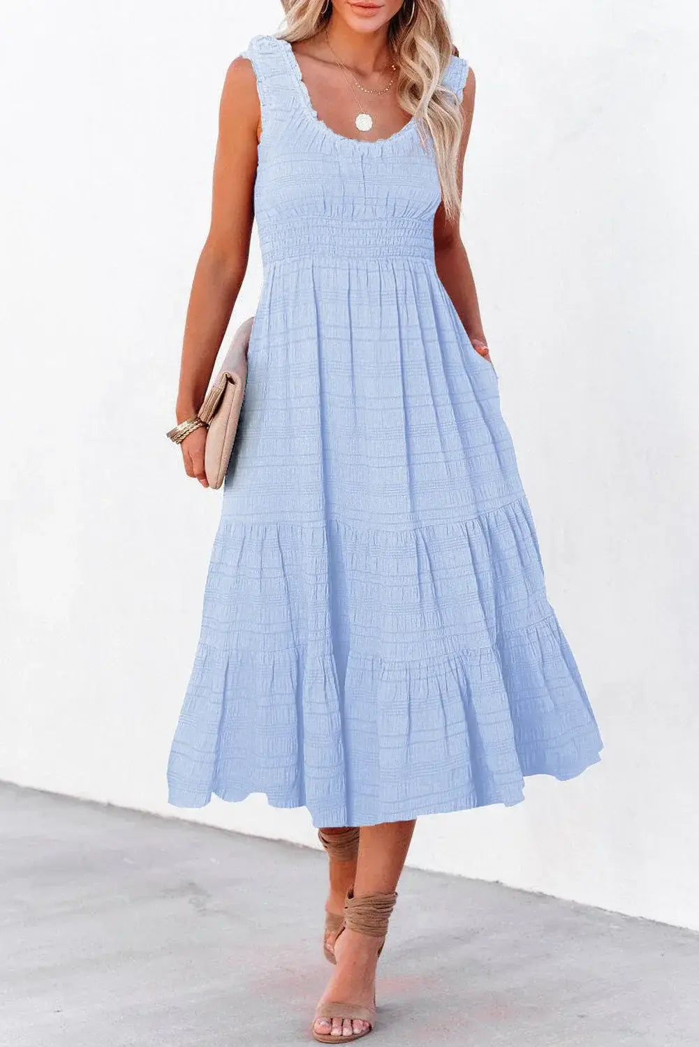 Black Shirred Pleated Square Neck Sleeveless Midi Dress - Sweet Fashion Wholesale
