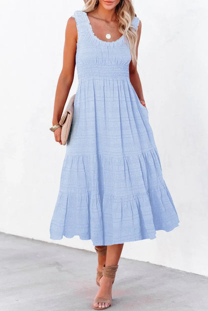 Black Shirred Pleated Square Neck Sleeveless Midi Dress - Sweet Fashion Wholesale