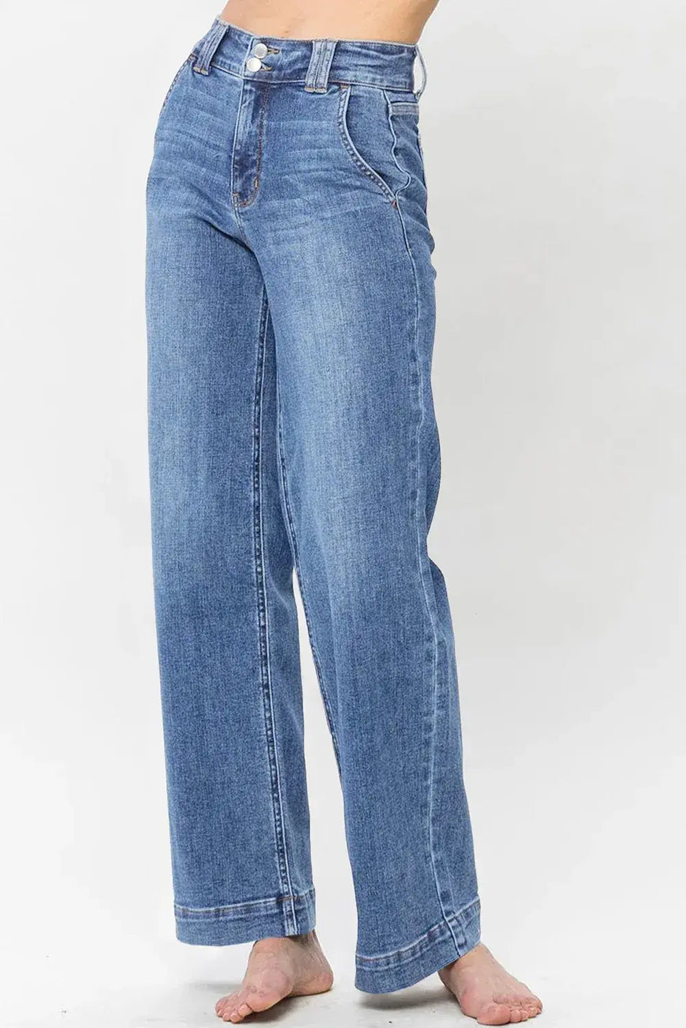 Sky Blue Double Button Zip Fly Straight Leg Jeans - Sweet Fashion Wholesale