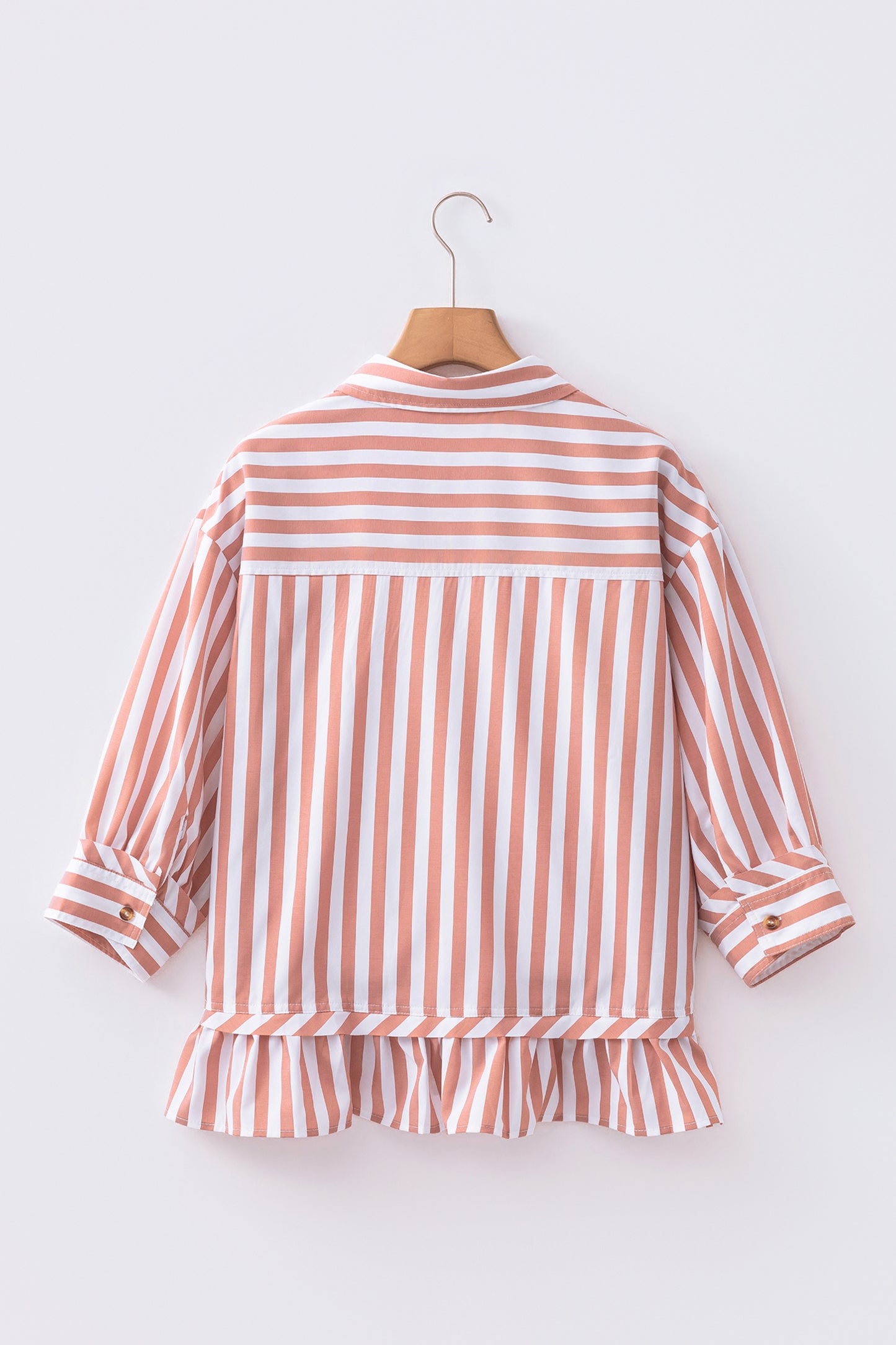 Khaki Stripe Collar Button Front Bracelet Sleeve Ruffle Hem Shirt