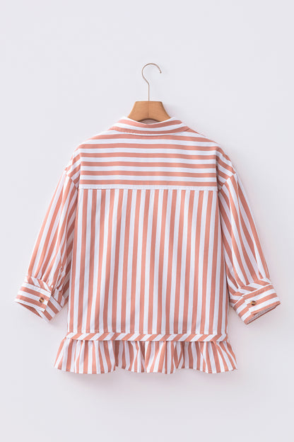 Khaki Stripe Collar Button Front Bracelet Sleeve Ruffle Hem Shirt