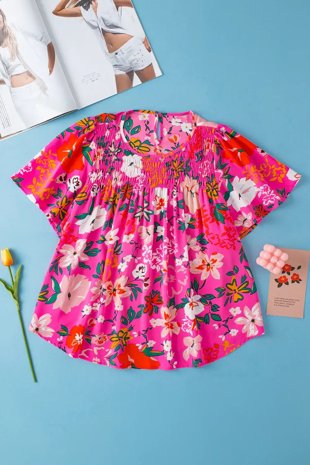 Pink Floral Short Sleeve Smocked Blouse