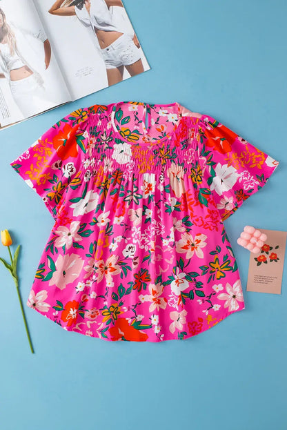 Pink Floral Short Sleeve Smocked Blouse