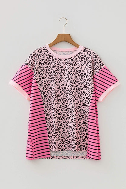 Pink Leopard Striped Contrast Patchwork Plus Size Tee