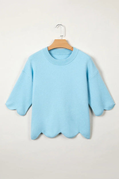Myosotis Scalloped Hem 3/4 Sleeve Sweater Top