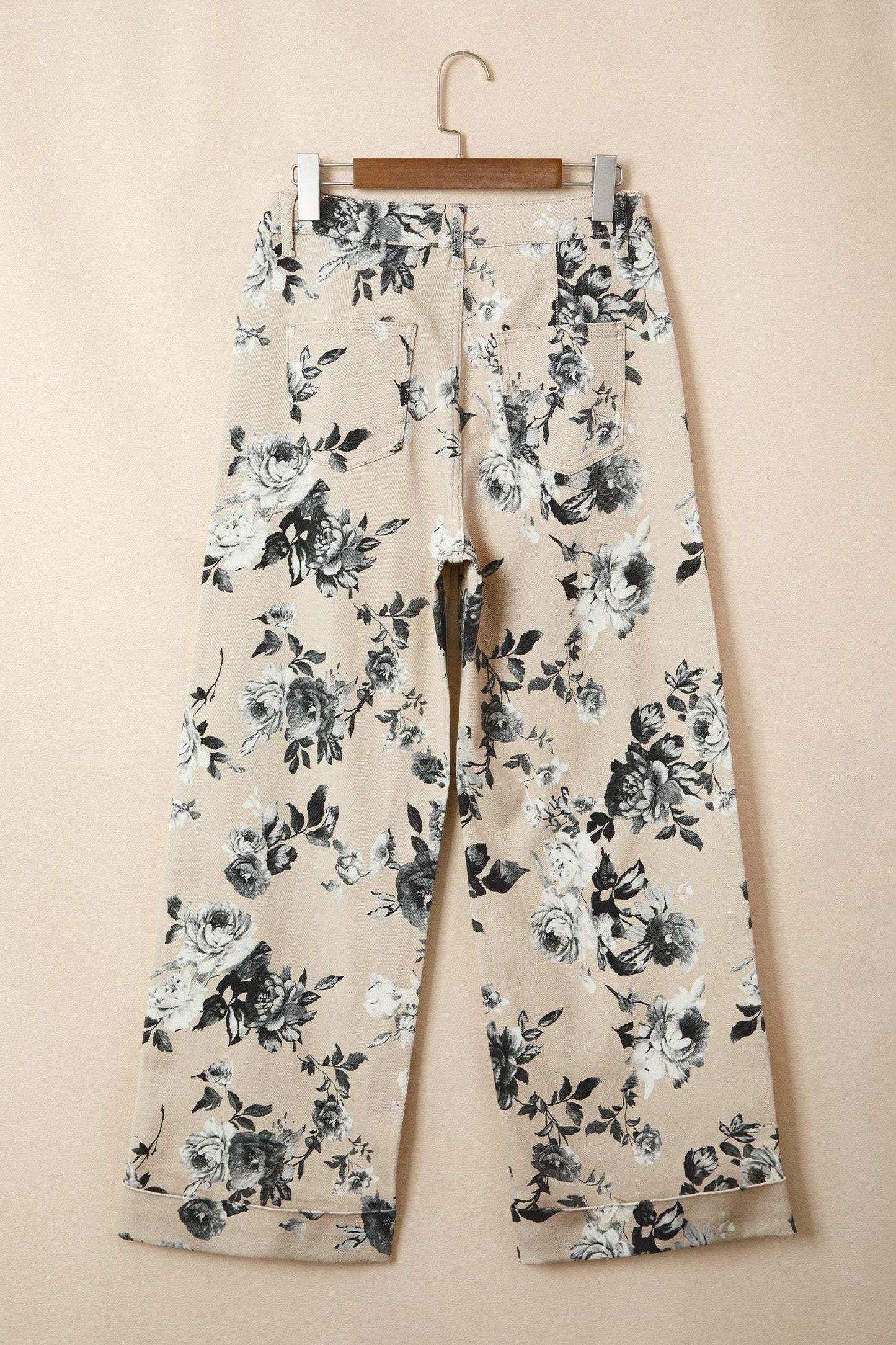 Beige Retro Floral Print Turn-up Cuffed Hem Loose Jeans