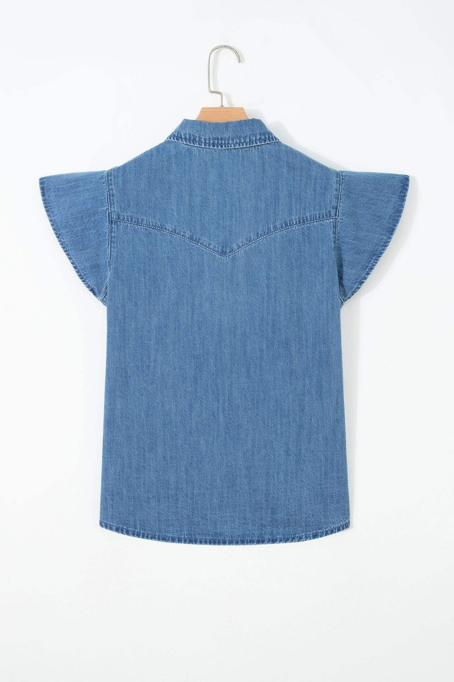 Dusk Blue Ruffled Short Sleeve Denim Shirt - Sweet Fashion Wholesale