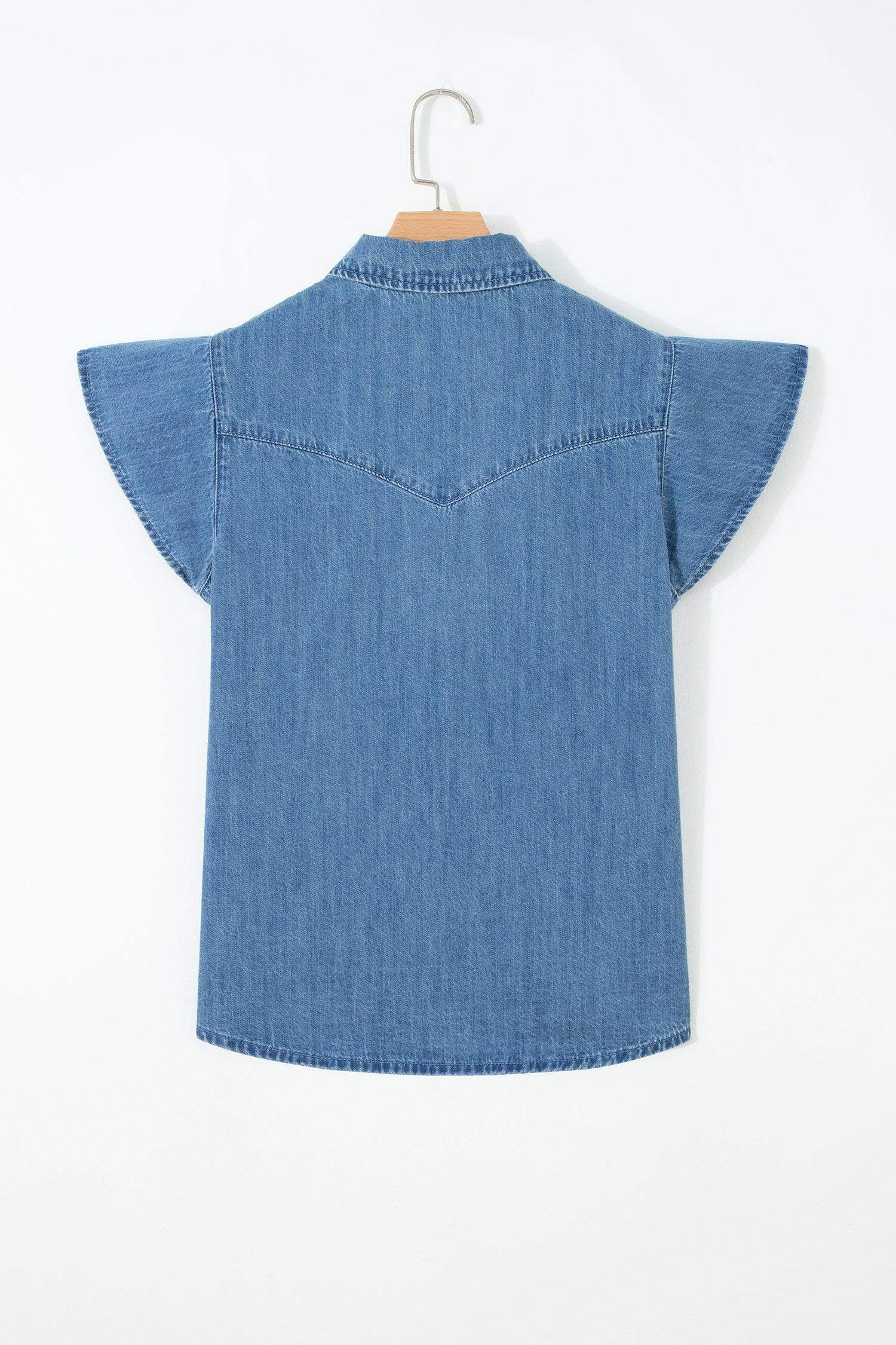 Dusk Blue Ruffled Short Sleeve Denim Shirt - Sweet Fashion Wholesale