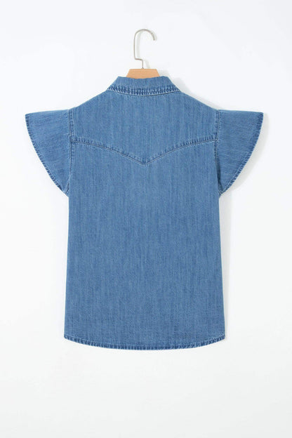 Dusk Blue Ruffled Short Sleeve Denim Shirt - Sweet Fashion Wholesale