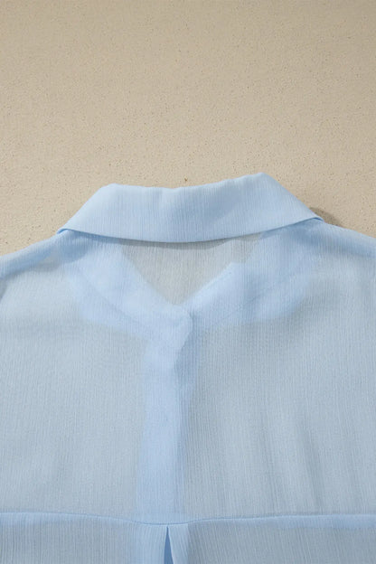 Beau Blue Sheer Tunic Shirt Drawstring Shorts 2pcs Swim Cover Up - Sweet Fashion Wholesale