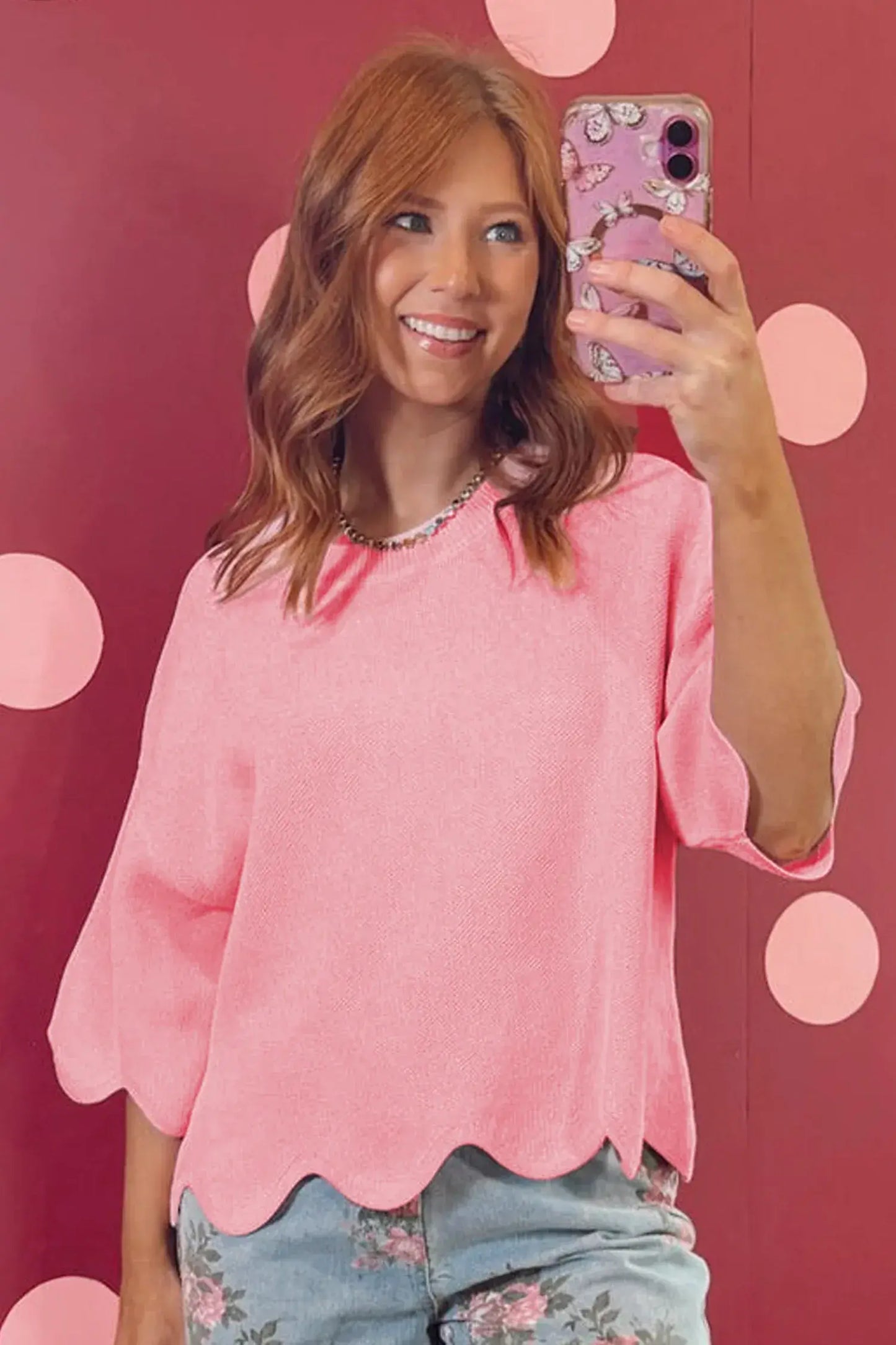 Myosotis Scalloped Hem 3/4 Sleeve Sweater Top - Sweet Fashion Wholesale
