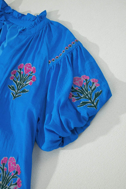 Blue Flower Embroidered Split Neck Short Puff Sleeve Ruffle Hem Dress