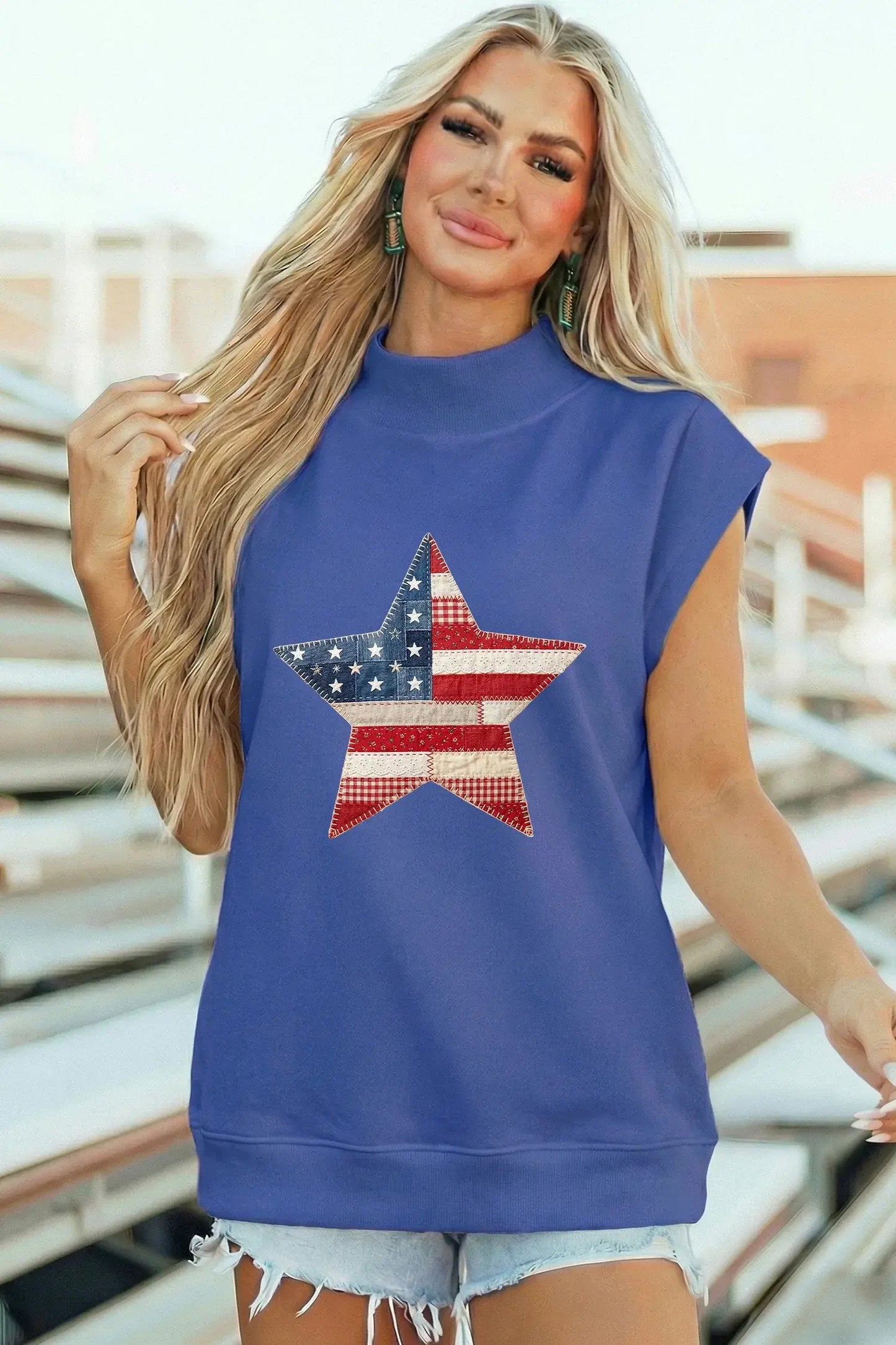 Sky Blue Faux Patchwork Patriotic Star Printed High Neck Top