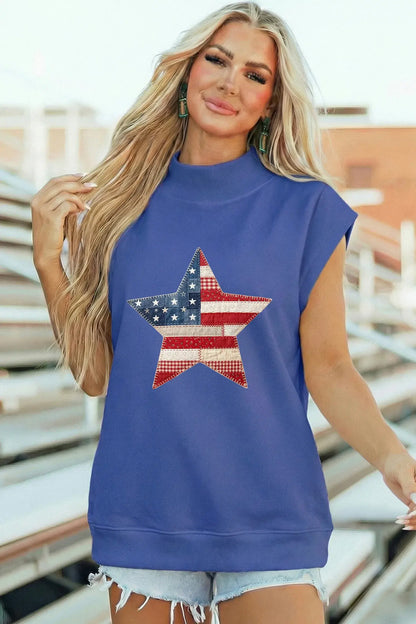 Sky Blue Faux Patchwork Patriotic Star Printed High Neck Top