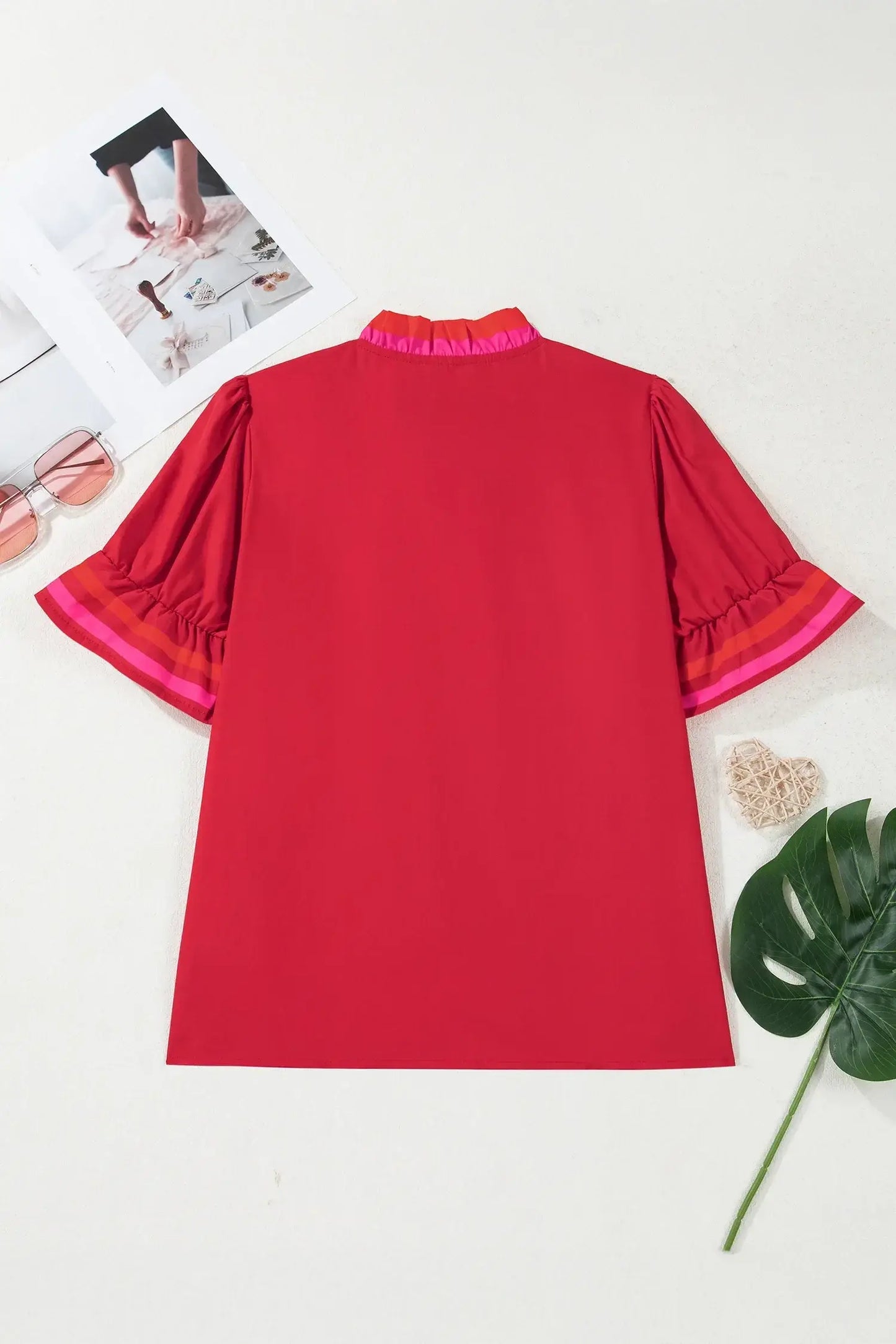 Fiery Red Striped Frilled Collar Ruffled Short Sleeve Blouse - Sweet Fashion Wholesale