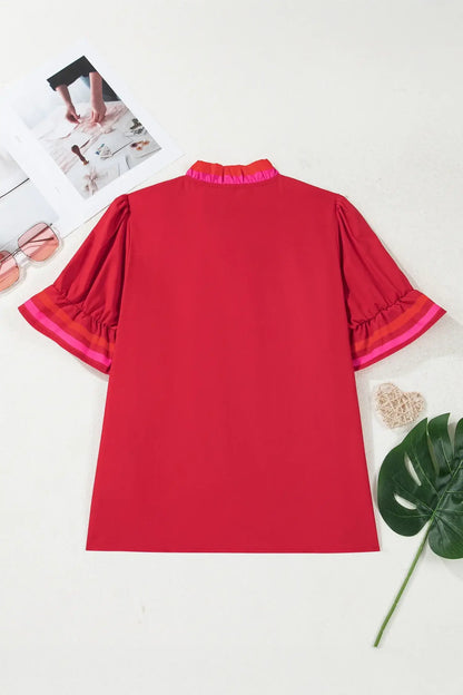 Fiery Red Striped Frilled Collar Ruffled Short Sleeve Blouse - Sweet Fashion Wholesale
