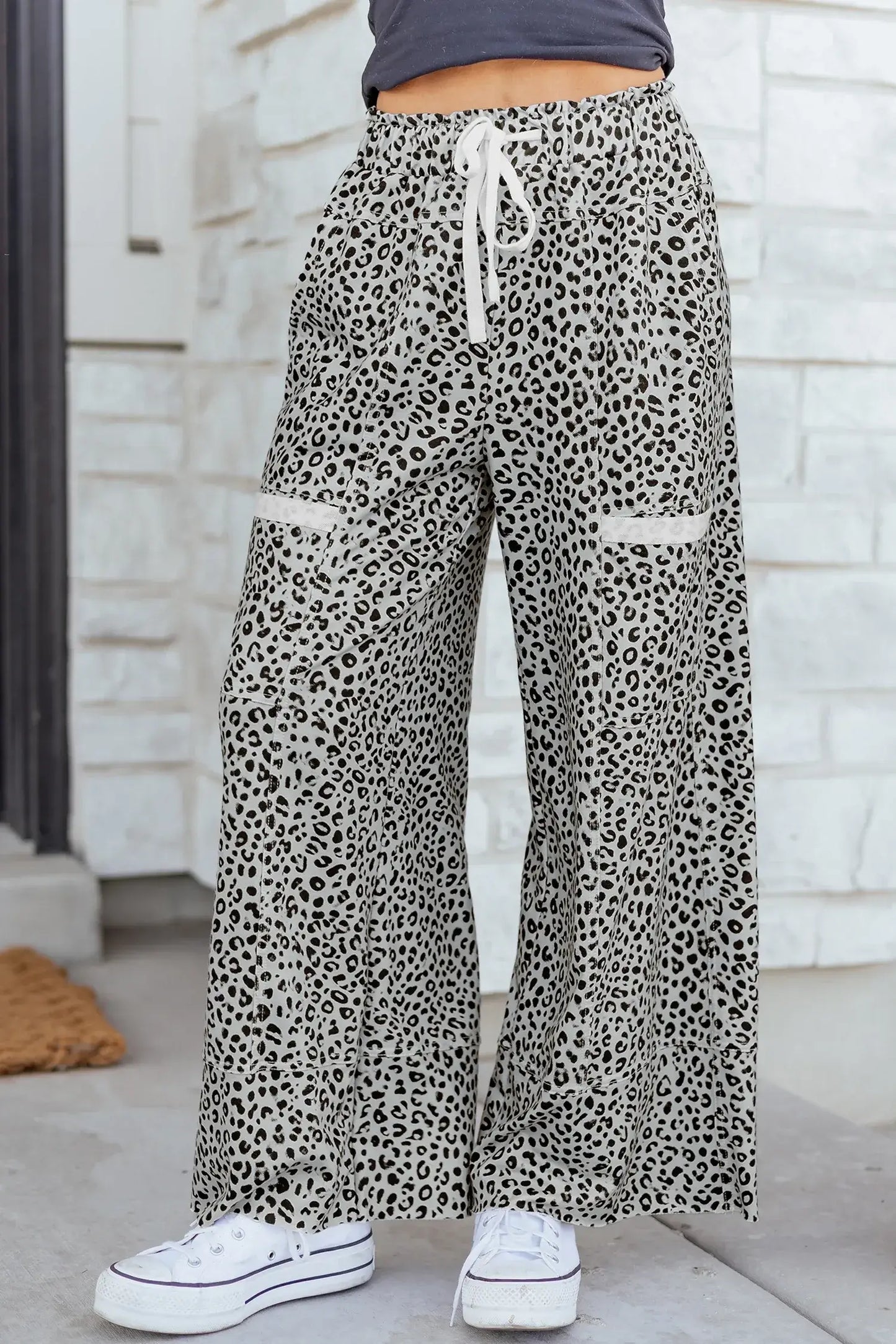 Khaki Animal Print Wide Leg Terry Knit Pants - Sweet Fashion Wholesale
