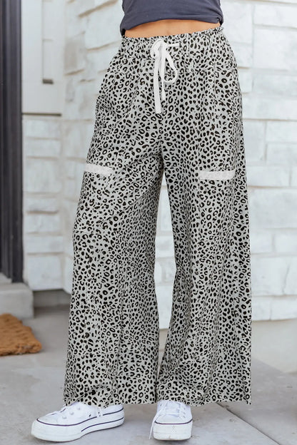 Khaki Animal Print Wide Leg Terry Knit Pants - Sweet Fashion Wholesale