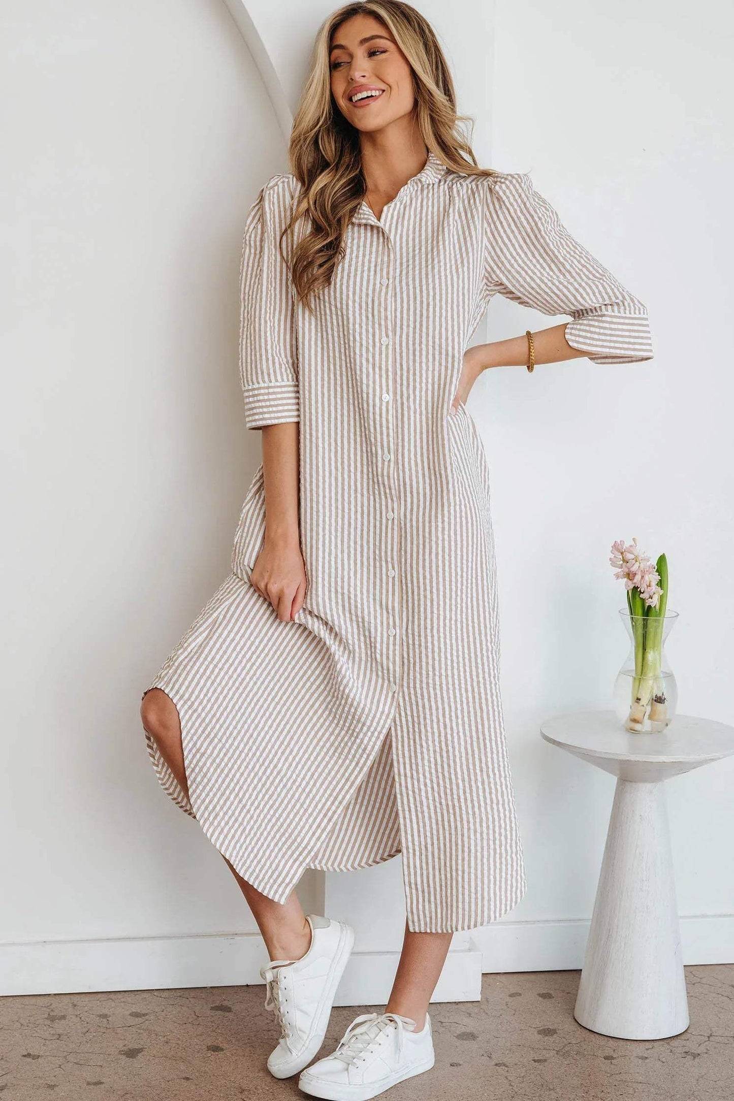 Khaki Stripe Frilled Collar Half Sleeve Shirt Maxi Dress - Sweet Fashion Wholesale