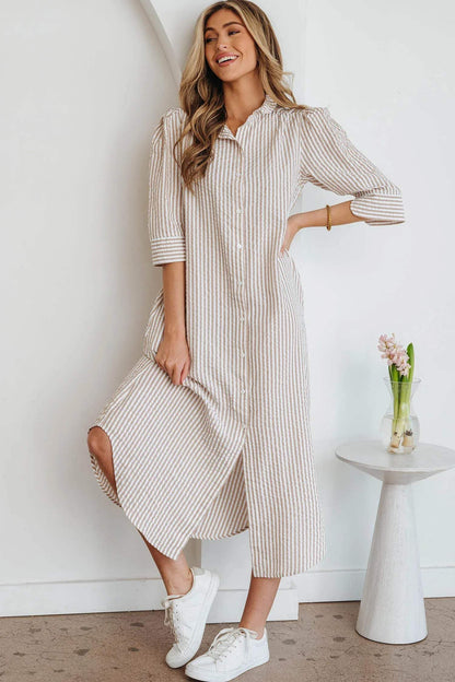 Khaki Stripe Frilled Collar Half Sleeve Shirt Maxi Dress - Sweet Fashion Wholesale