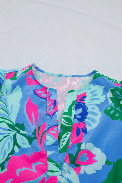 Sky Blue Floral Print V Neck Half Sleeve Blouse - Sweet Fashion Wholesale