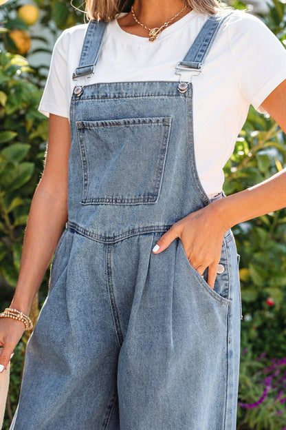 Dusk Blue Pleated Wide Leg Retro Pocketed Denim Jumpsuit - Sweet Fashion Wholesale