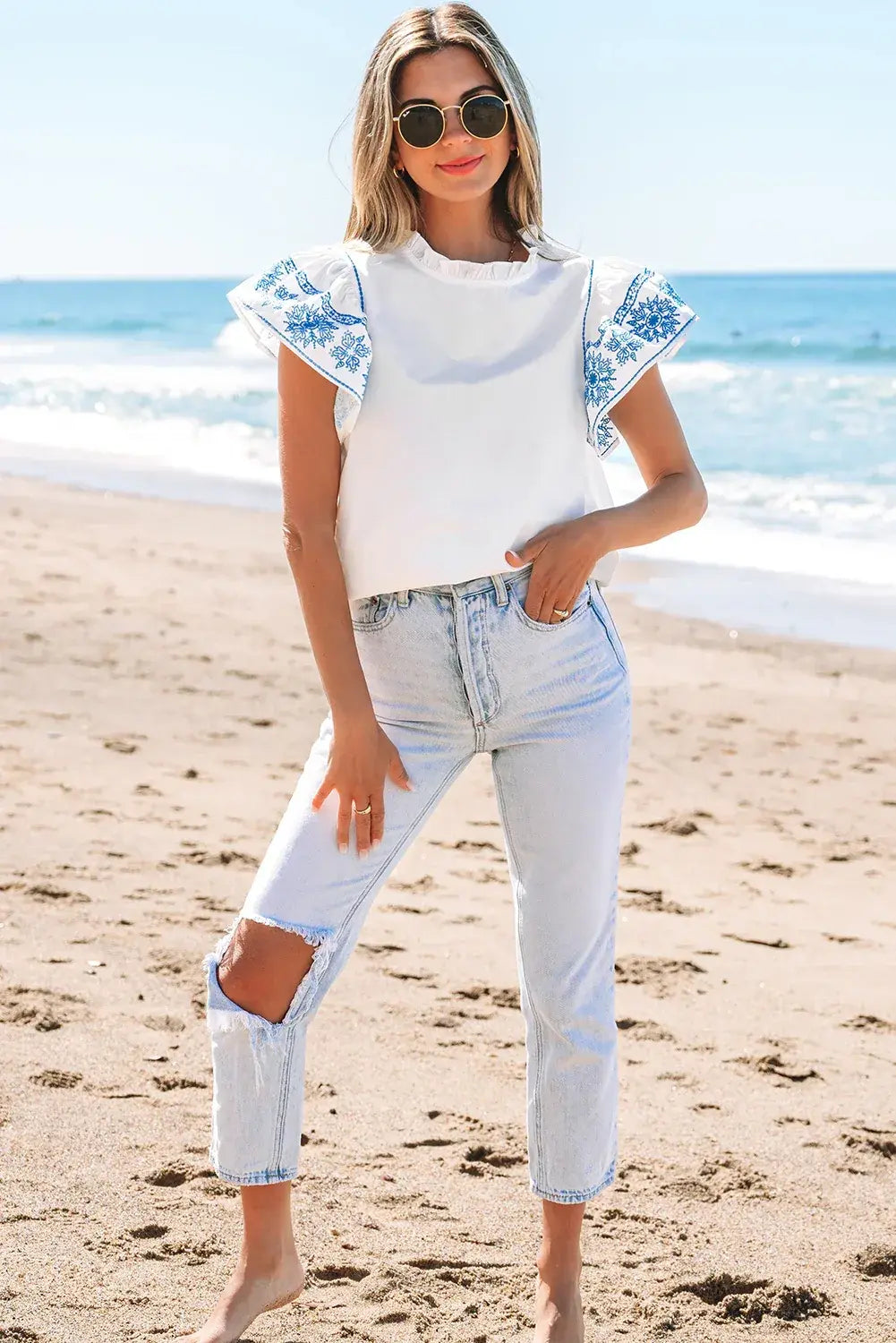 White Embroidered Ruffled Sleeve Frilled Collar Blouse