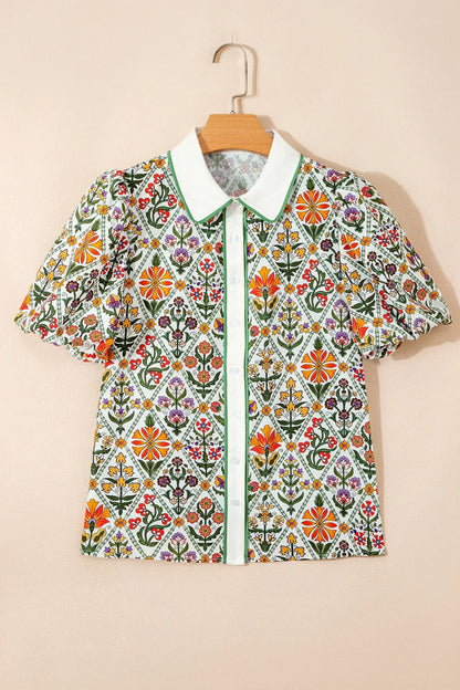 Green Short Bubble Sleeve Floral Shirt - Sweet Fashion Wholesale