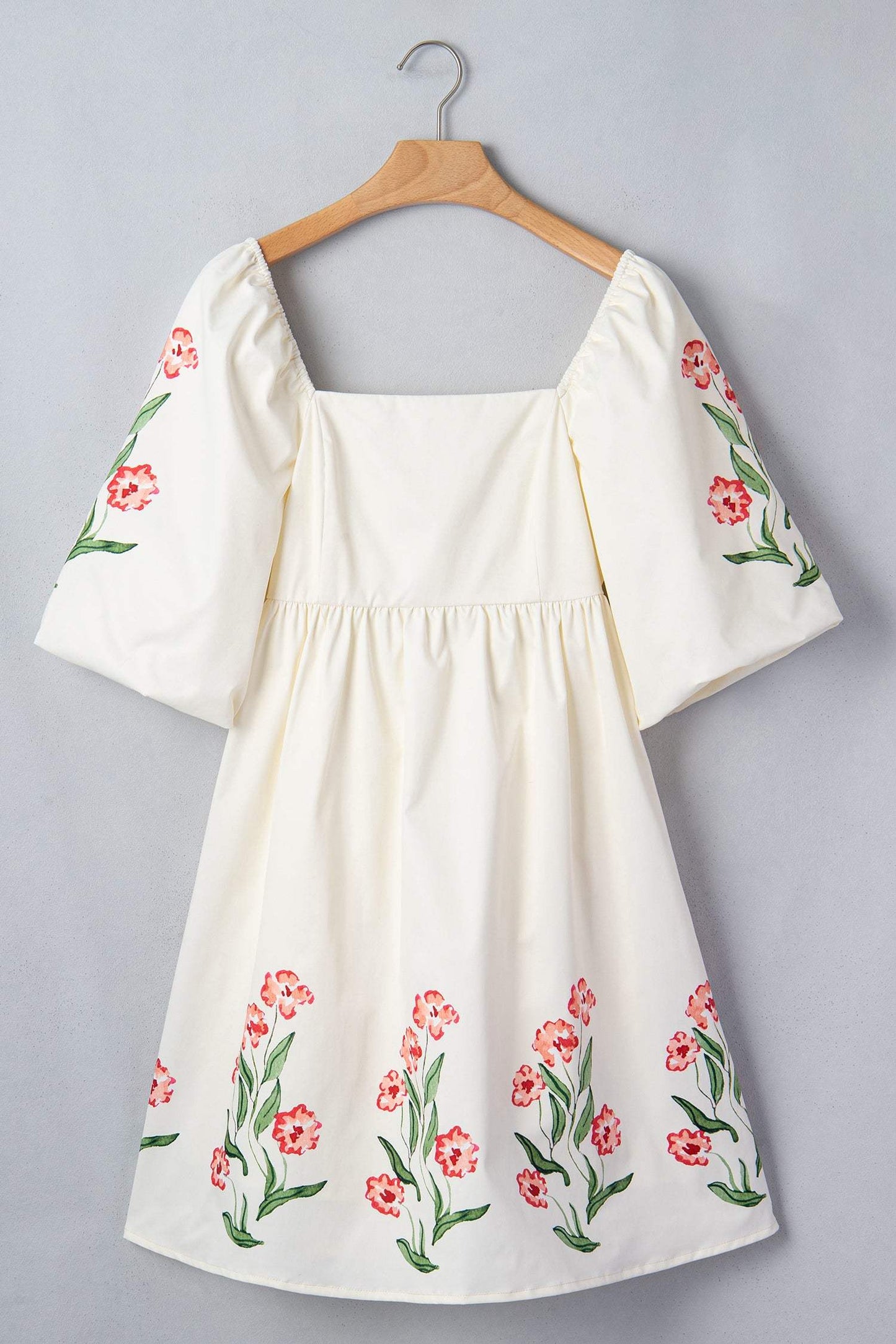 Beige Floral Print Puff Sleeve Babydoll Dress