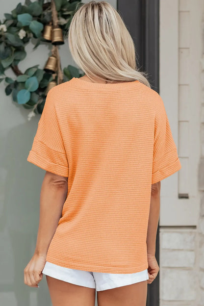 Strawberry Pink Waffle V Neck Short Sleeve Knit Top - Sweet Fashion Wholesale