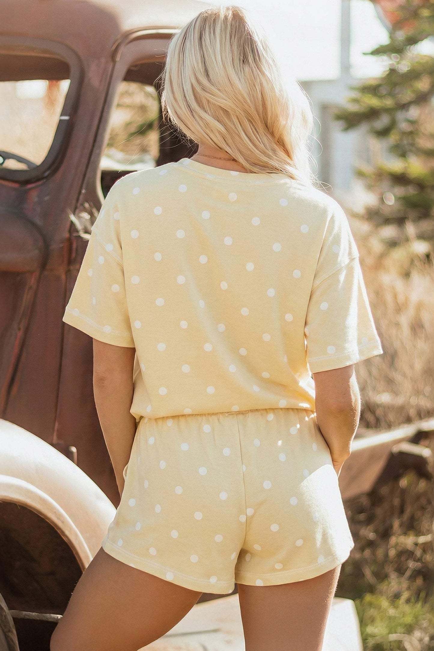 Yellow Exposed Seam Detail Polka Dot Loose Tee Drawstring Shorts Set