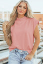 Sky Blue Solid Color High Neck Cap Sleeve Loose Top