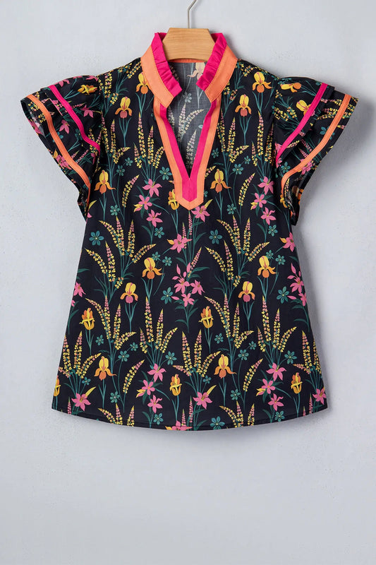 Black Floral Print Contrast Trim Tiered Ruffled Short Sleeve Blouse