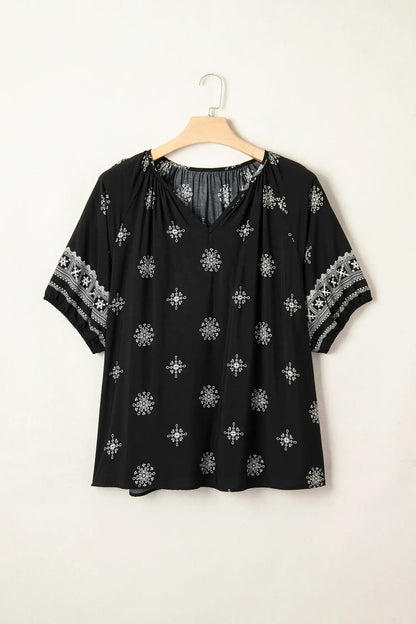 Green Boho Chic Notched V Neck Plus Floral Short Sleeve Top - Sweet Fashion Wholesale