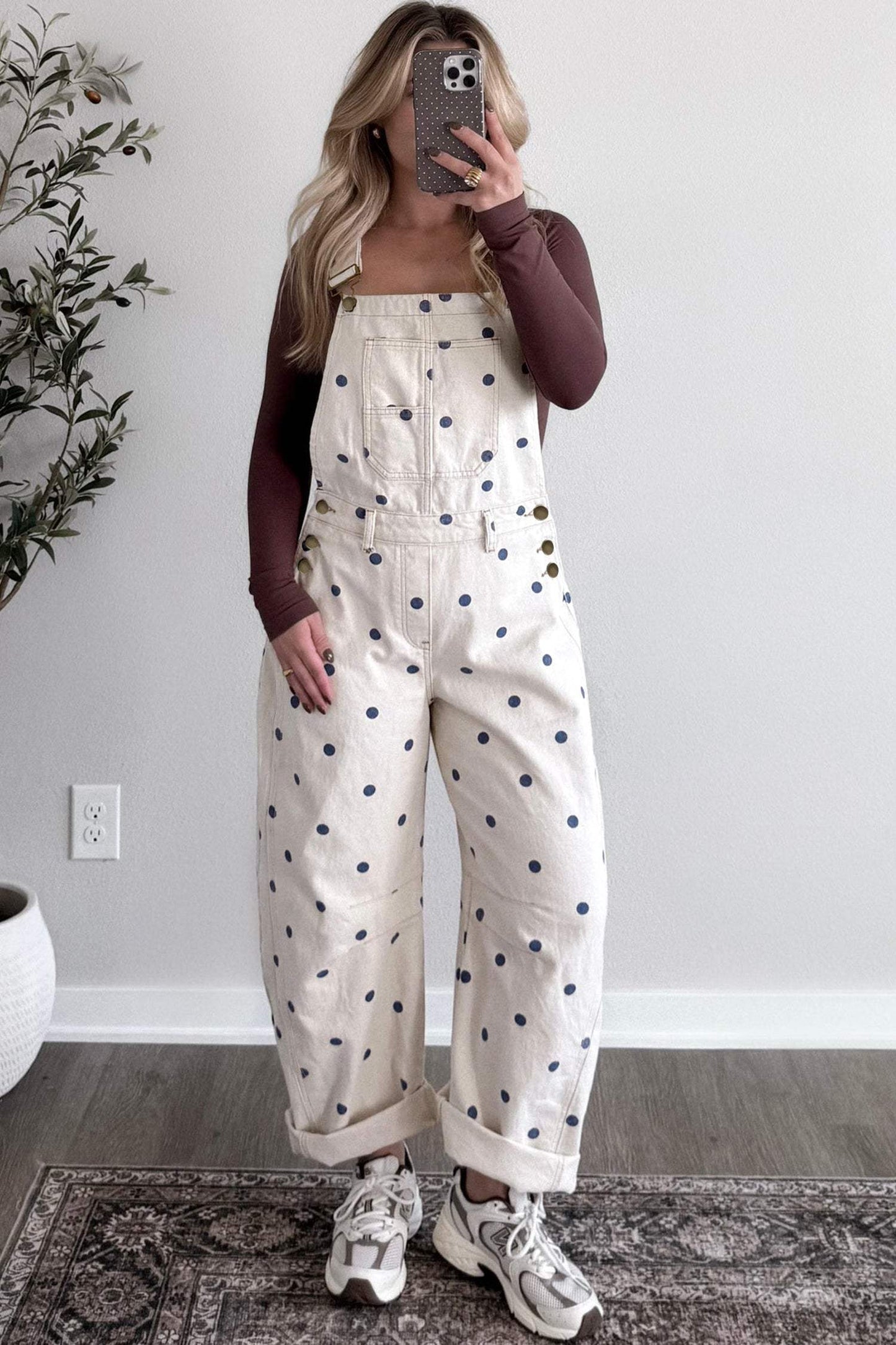 Light French Beige Polka Dot Print Bib Pocket Denim Barrel Overalls Jumpsuit