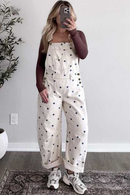 Light French Beige Polka Dot Print Bib Pocket Denim Barrel Overalls Jumpsuit