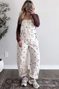 Light French Beige Polka Dot Print Bib Pocket Denim Barrel Overalls Jumpsuit