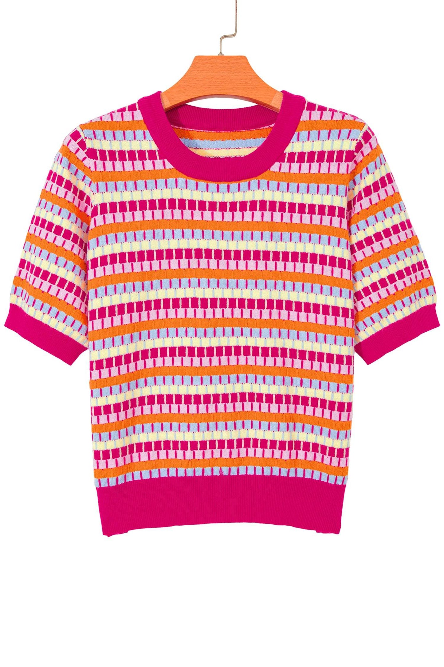 Orange Abstract Striped Knit Short Sleeve Sweater