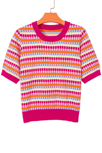 Orange Abstract Striped Knit Short Sleeve Sweater