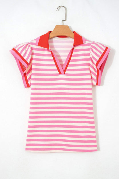 Rose Stripe Contrast Trim Polo Collar Ruffled Short Sleeve Blouse