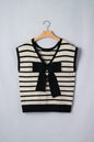 Black Stripe Bow Applique Short Sleeve Sweater