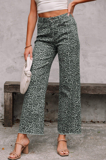 Gray Leopard Frayed Edge Wide Leg High Waist Jeans - Sweet Fashion Wholesale