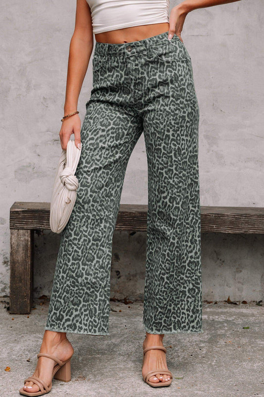 Gray Leopard Frayed Edge Wide Leg High Waist Jeans - Sweet Fashion Wholesale