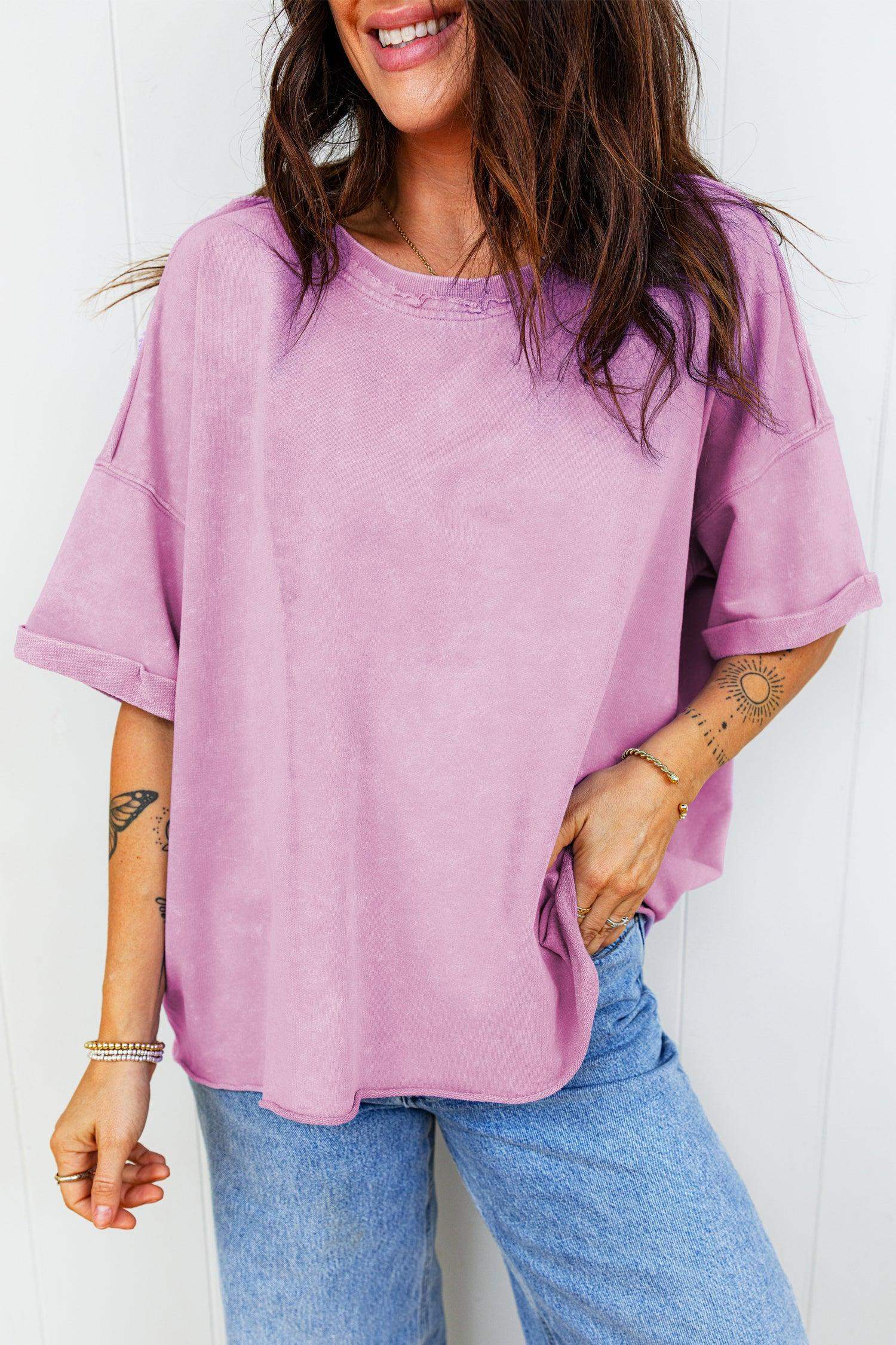 Lavendula Mineral Wash Drop Shoulder Raw Edge Loose Tee - Sweet Fashion Wholesale