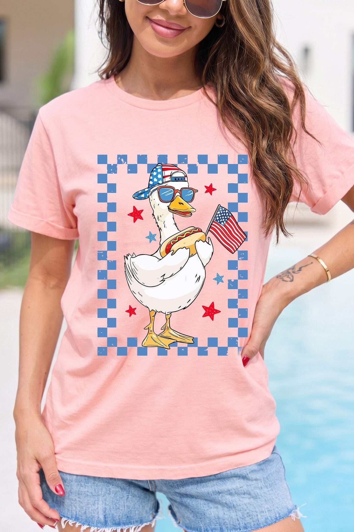 Pink America Goose 4th Of July Patriotic Flag Graphic T Shirt