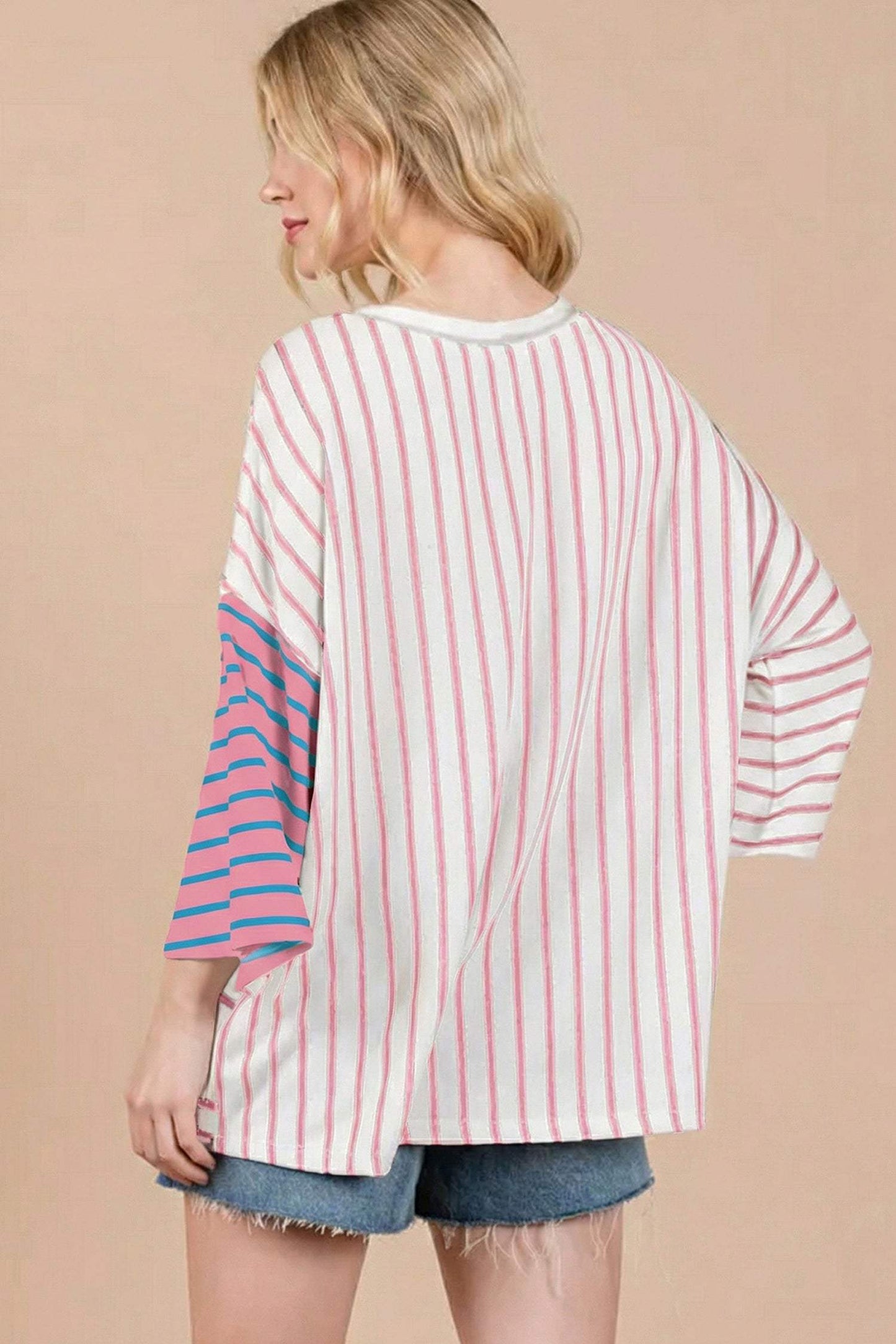 Pink Stripe Colorblock 3/4 Sleeve Loose T Shirt