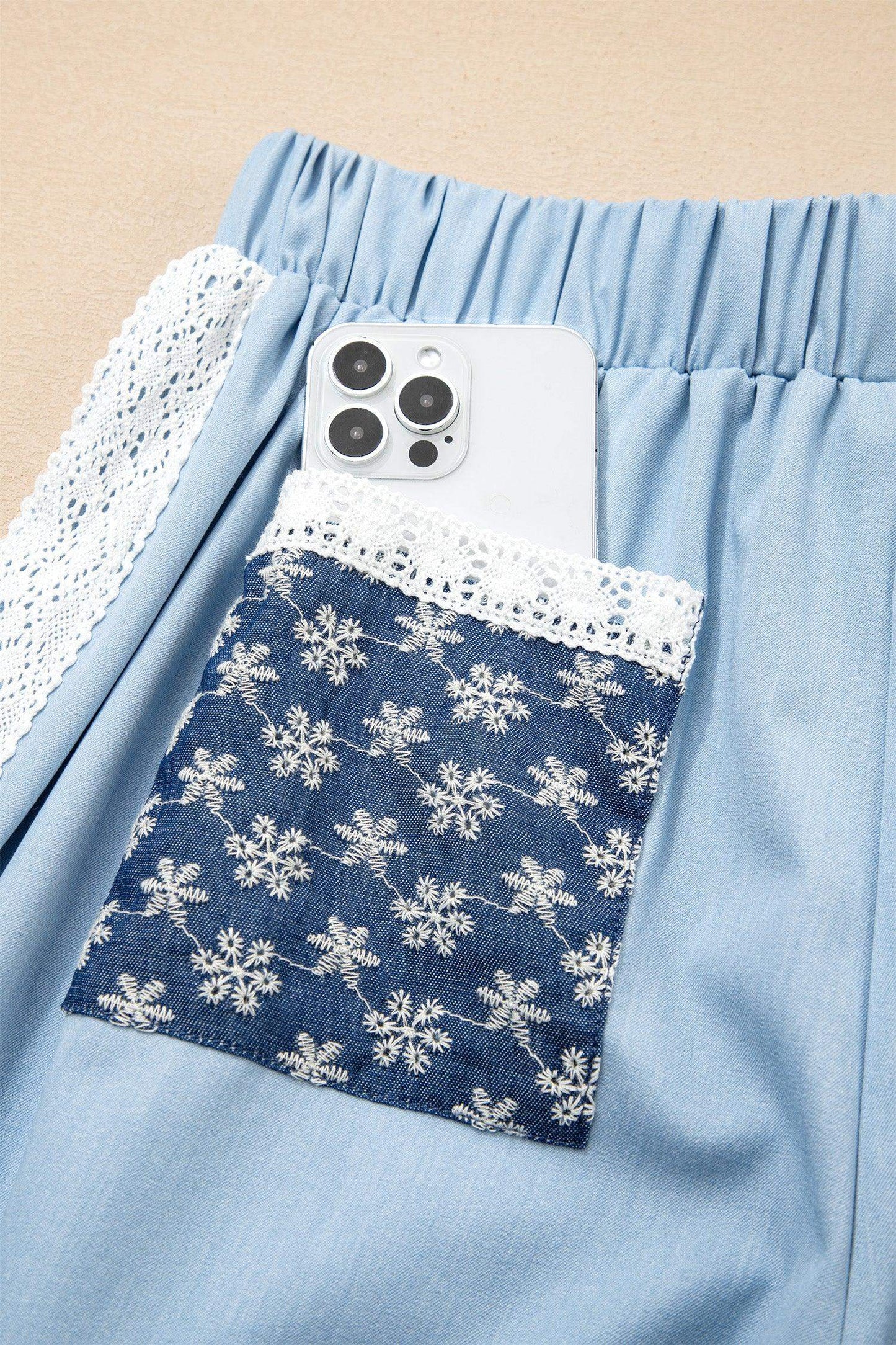 Beau Blue Lace Accent Floral Patched Pocket Pleated Wide Leg Slouchy Pants - Sweet Fashion Wholesale