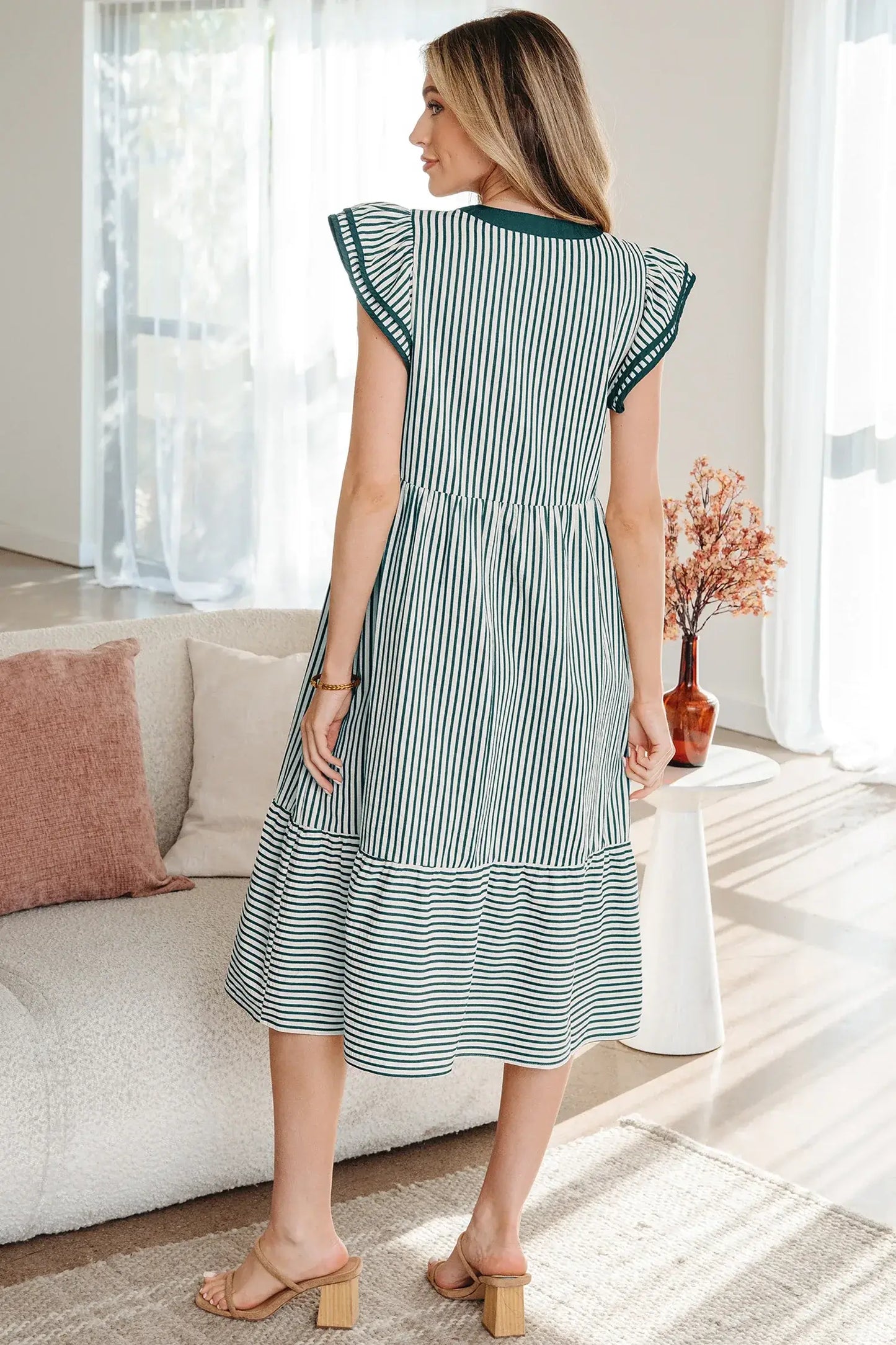 Green Stripe Double Ruffled Short Sleeve Contrast Trim V Neck Midi Dress - Sweet Fashion Wholesale