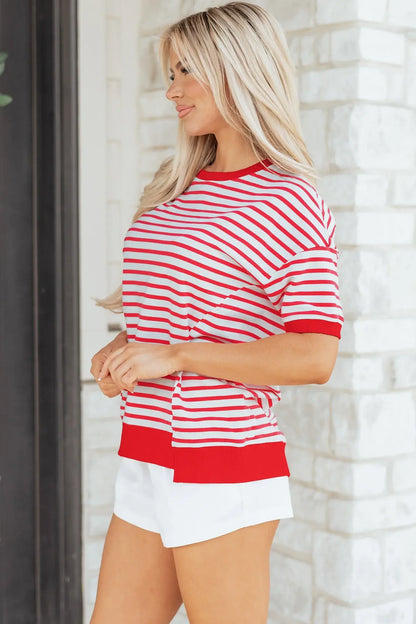 Red Stripe Drop Shoulder Half Sleeve T Shirt - Sweet Fashion Wholesale