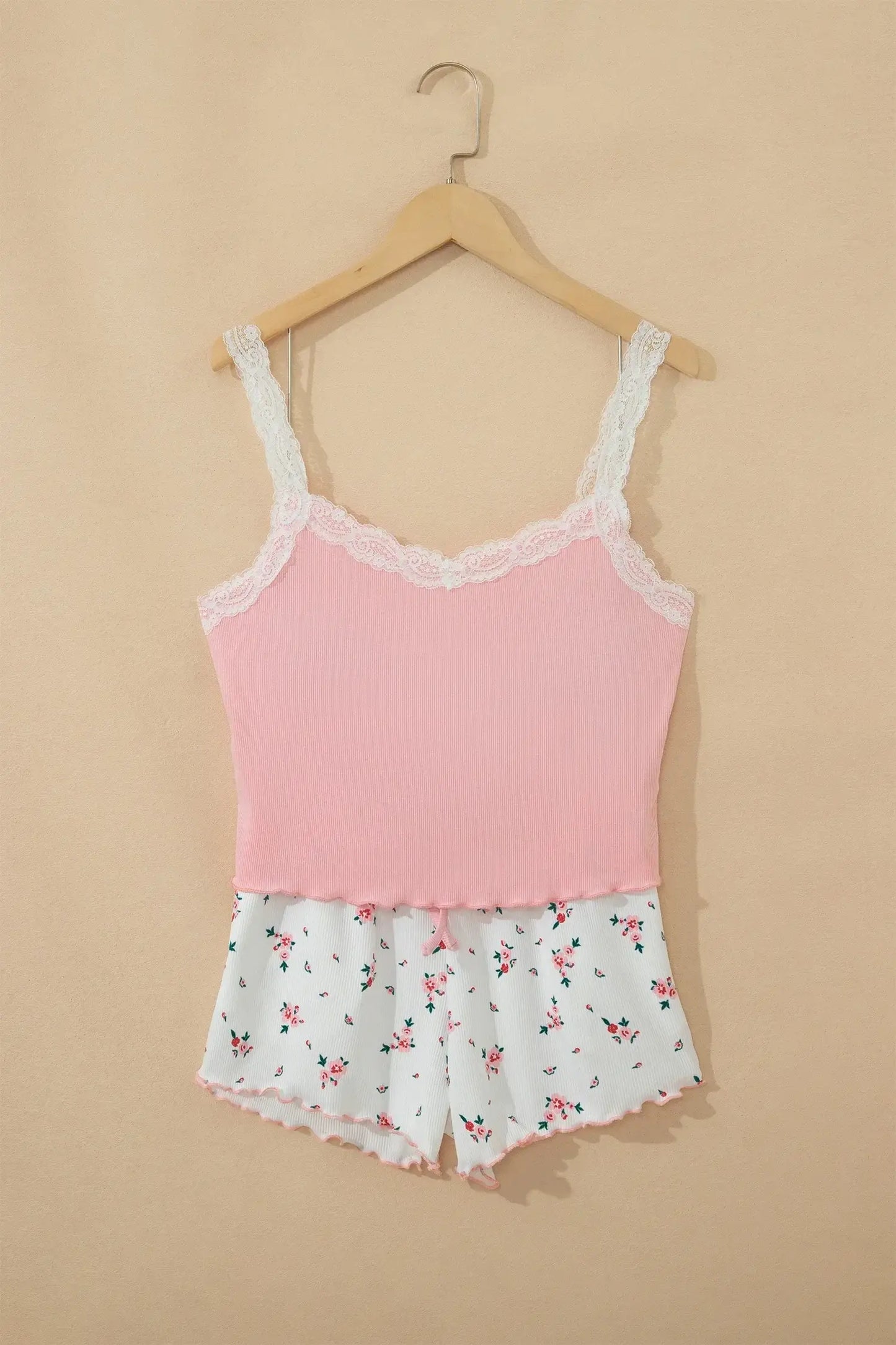 Pink Ribbed Knit Lace Straps Patchwork Lettuce Hem Cropped Top Floral Short Lounge Set - Sweet Fashion Wholesale